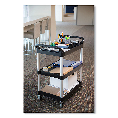 Rubbermaid Commercial Xtra Utility Cart with Open Sides, Plastic, 3 Shelves, 300 lb Capacity, 40.63" x 20" x 37.81", Black (409100BLA)