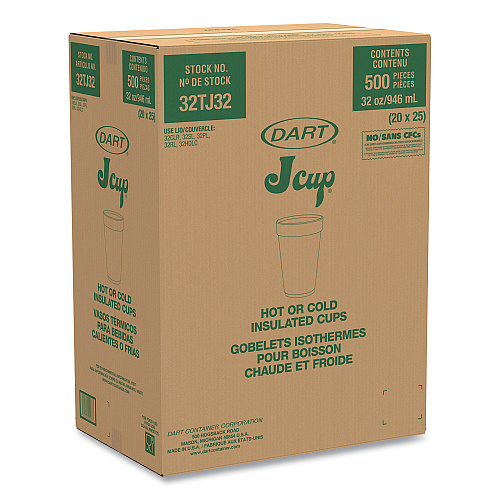 Dart Foam Drink Cups, 32 oz, White, 25/Bag, 20 Bags/Carton (32TJ32)