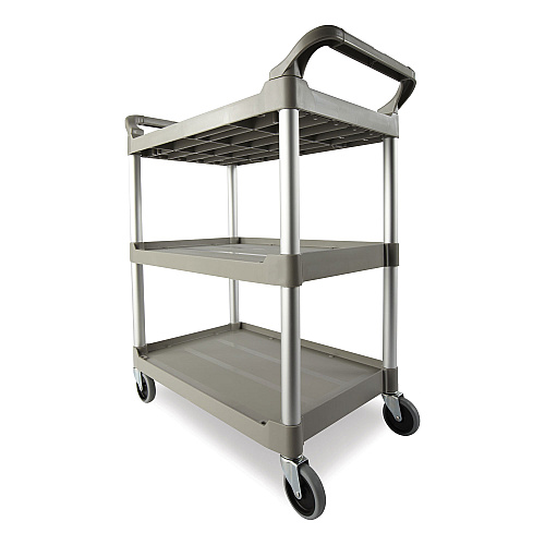 Rubbermaid Commercial Three-Shelf Service Cart, Plastic, 3 Shelves, 200 lb Capacity, 18.63" x 33.63" x 37.75", Platinum (342488PM)