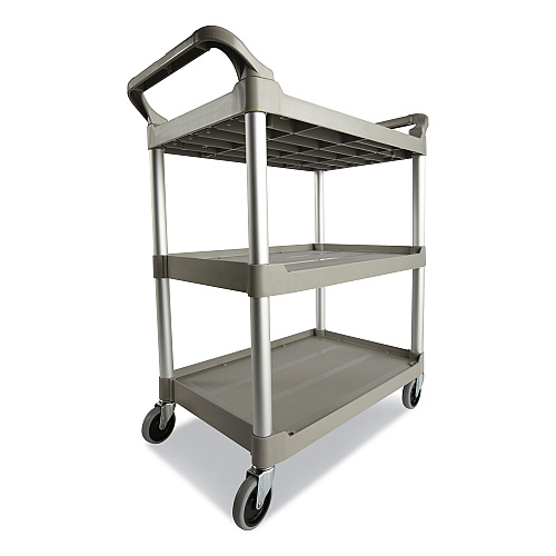 Rubbermaid Commercial Three-Shelf Service Cart, Plastic, 3 Shelves, 200 lb Capacity, 18.63" x 33.63" x 37.75", Platinum (342488PM)