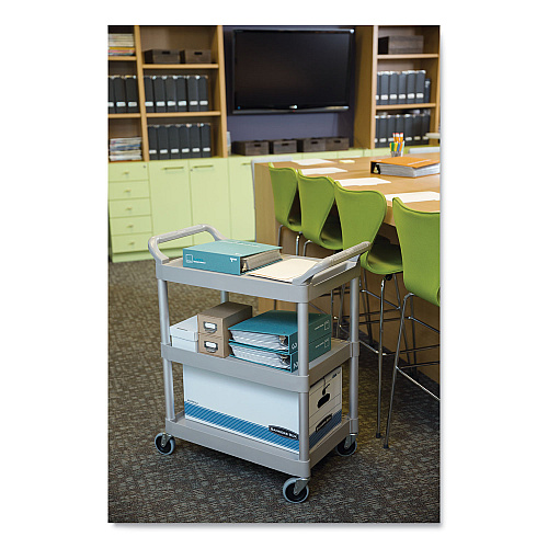 Rubbermaid Commercial Three-Shelf Service Cart, Plastic, 3 Shelves, 200 lb Capacity, 18.63" x 33.63" x 37.75", Platinum (342488PM)