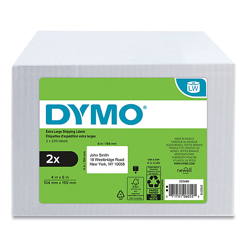 DYMO 2 Pk 4xl Shipping Labels 4inx6in 220/rol (2026405)