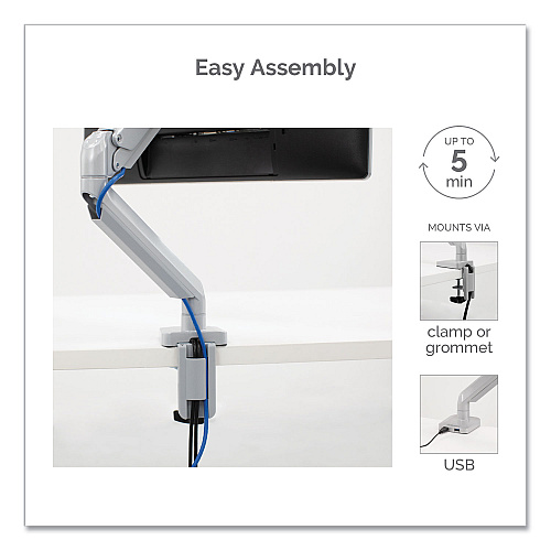 Fellowes Platinum Series Single Monitor Arm, For 27" Monitors, 360 deg Rotation, 45 deg Tilt, 180 deg Pan, Silver, Supports 20 lb (8056401)