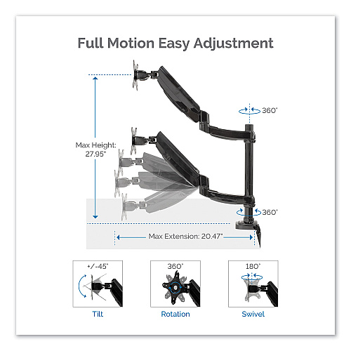 Fellowes Platinum Series Dual Stacking Arm for 27" Monitors, 360 deg Rotation, 180 deg Tilt, 360 deg Pan, Black, Supports 22 lb (8043401)