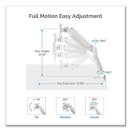 Fellowes Platinum Series Dual Monitor Arm, For 27" Monitors, 360 deg Rotation, 45 deg Tilt, 180 deg Pan, White, Supports 20 lb (8056301)
