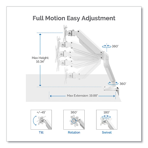 Fellowes Platinum Series Single Monitor Arm, For 27" Monitors, 360 deg Rotation, 45 deg Tilt, 180 deg Pan, White, Supports 20 lb Height Adjustable - 1 Display(s) Supported - 32" to 40" Screen Support - 17.64 lb Load Capacity - 75 x 75, 100 x 100 (8056201)