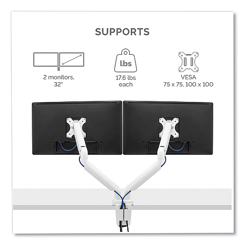 Fellowes Platinum Series Dual Monitor Arm, For 27" Monitors, 360 deg Rotation, 45 deg Tilt, 180 deg Pan, White, Supports 20 lb (8056301)