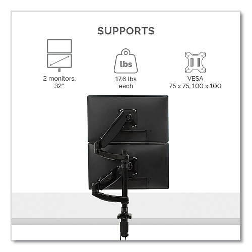 Fellowes Platinum Series Dual Stacking Arm for 27" Monitors, 360 deg Rotation, 180 deg Tilt, 360 deg Pan, Black, Supports 22 lb (8043401)