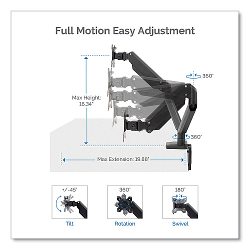 Fellowes Platinum Series Dual Monitor Arm for 27" Monitors, 360 deg Rotation, +85 deg/-20 deg Tilt, 360 deg Pan, Black, Supports 20 lb (8042501)