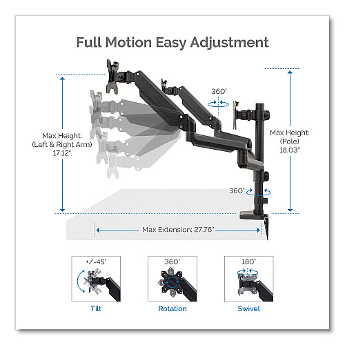 Fellowes Platinum Series Triple Monitor Arm for 27" Monitors, 360 deg Rotation, +85/-20 deg Tilt, 360 deg Pan, Black, Supports 20 lb (8042601)