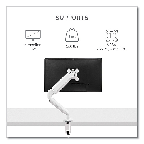 Fellowes Platinum Series Single Monitor Arm, For 27" Monitors, 360 deg Rotation, 45 deg Tilt, 180 deg Pan, White, Supports 20 lb Height Adjustable - 1 Display(s) Supported - 32" to 40" Screen Support - 17.64 lb Load Capacity - 75 x 75, 100 x 100 (8056201)