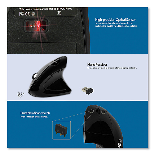 Adesso iMouse E10 Wireless Vertical Ergonomic USB Mouse, 2.4 GHz Frequency/33 ft Wireless Range, Right Hand Use, Black
