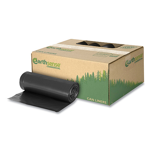Earthsense Linear Low Density Recycled Can Liners, 60 gal, 1.25 mil, 38" x 58", Black, 10 Bags/Roll, 10 Rolls/Carton (RNW6050)
