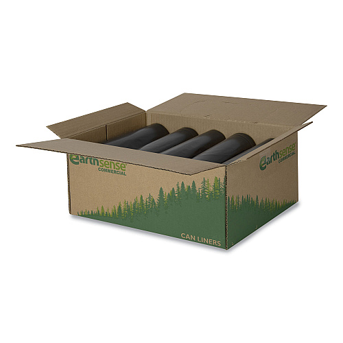 Earthsense Linear Low Density Recycled Can Liners, 60 gal, 1.25 mil, 38" x 58", Black, 10 Bags/Roll, 10 Rolls/Carton (RNW6050)