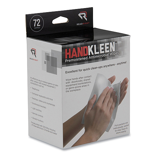 Read Right HandKleen Premoistened Antibacterial Wipes, 7 x 5, Foil Packet, Unscented, White, 72/Box (RR15112)