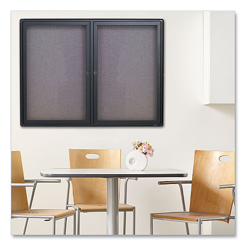 Quartet Enclosed Indoor Fabric Bulletin Board with Two Hinged Doors, 48 x 36, Gray Surface, Graphite Aluminum Frame (2364L)