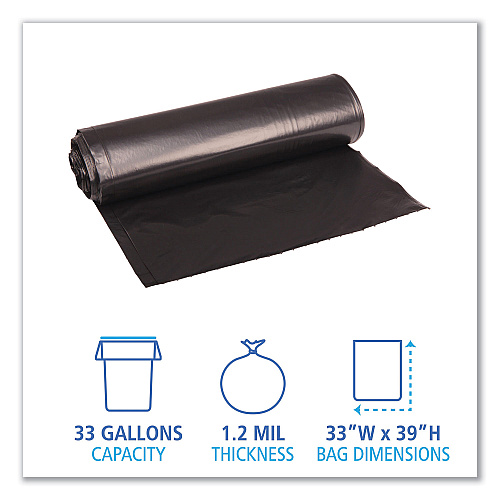 Boardwalk&reg; 33 Gallon Black Garbage Bags, 33x39, 1.2mil, 100 Bags, BWK516