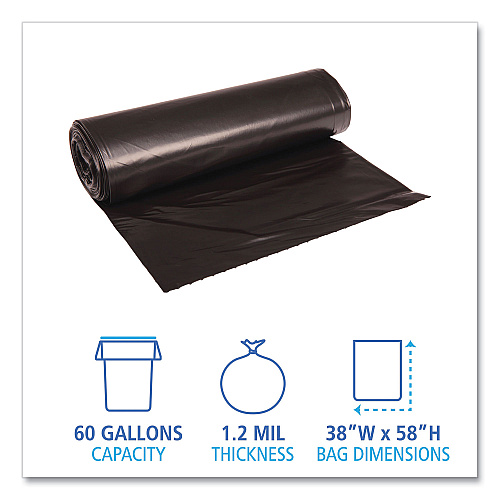 Boardwalk&reg; 60 Gallon Black Garbage Bags, 38x58, 1.2mil, 100 Bags, BWK519