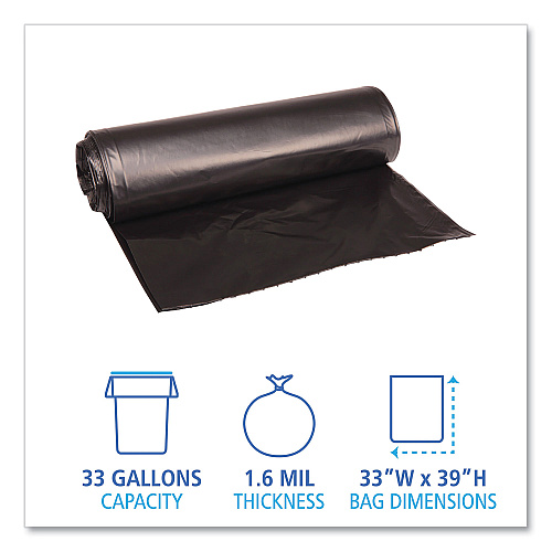 Boardwalk&reg; 33 Gallon Black Garbage Bags, 33x39, 1.6mil, 100 Bags, BWK520