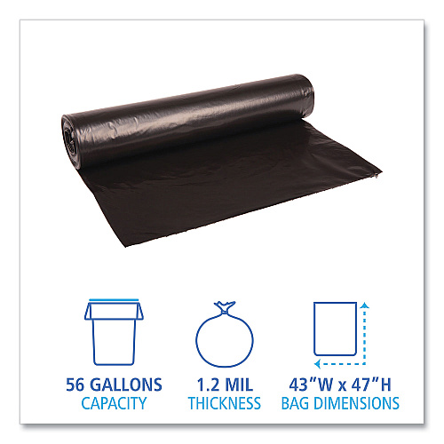 Boardwalk&reg; 56 Gallon Black Garbage Bags, 43x47, 1.2mil, 100 Bags, BWK518