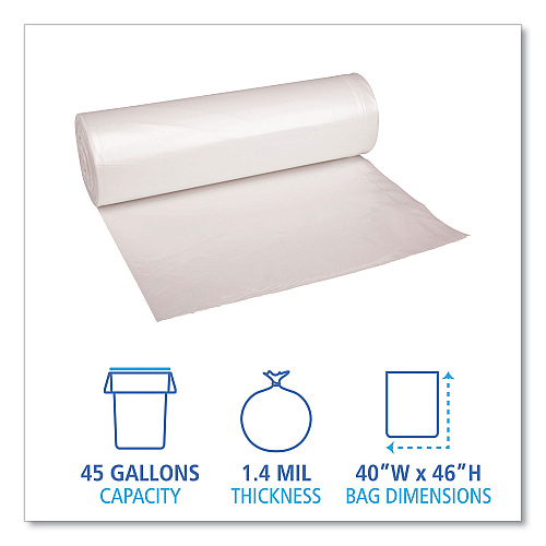 Boardwalk&reg; 45 Gallon Clear Garbage Bags, 40x46, 1.4mil, 100 Bags, BWK535