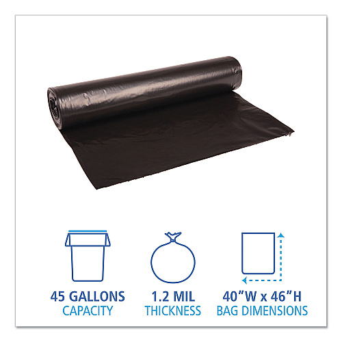 Boardwalk&reg; 45 Gallon Black Garbage Bags, 40x46, 1.2mil, 100 Bags, BWK517