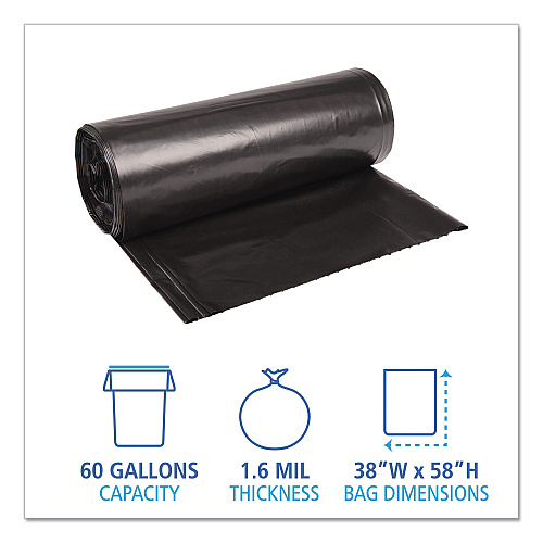 Boardwalk&reg; 60 Gallon Black Garbage Bags, 38x58, 1.6mil, 100 Bags, BWK523
