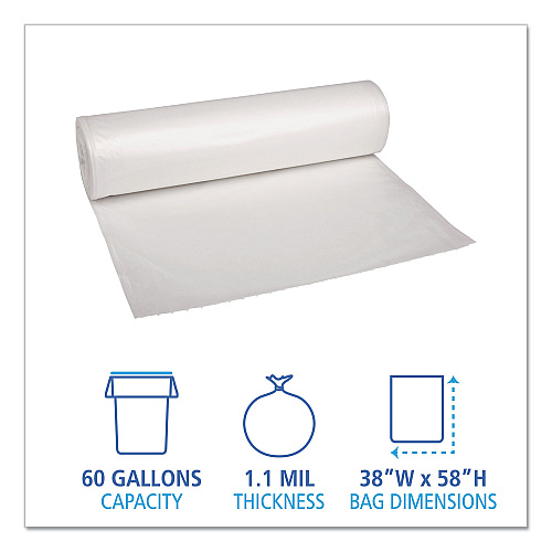 Boardwalk&reg; 60 Gallon Clear Garbage Bags, 38x58, 1.1mil, 100 Bags, BWK533