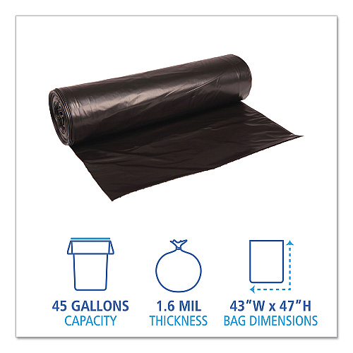 Boardwalk&reg; 56 Gallon Black Garbage Bags, 43x47, 1.6mil, 100 Bags, BWK522