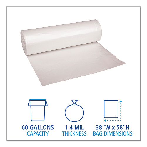 Boardwalk&reg; 60 Gallon Clear Garbage Bags, 38x58, 1.4mil, 100 Bags, BWK537