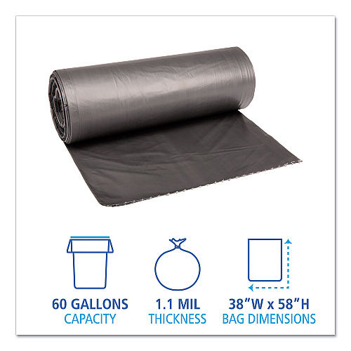Boardwalk Low-Density Waste Can Liners, 60 gal, 1.1 mil, 38" x 58", Gray, Perforated Roll, 20 Bags/Roll, 5 Rolls/Carton (BWK3858SEH)