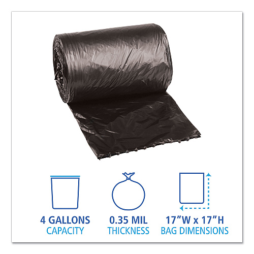 Boardwalk Low-Density Waste Can Liners, 4 gal, 0.35 mil, 17" x 17", Black, Perforated Roll, 50 Bags/Roll, 20 Rolls/Carton (BWK1717L)