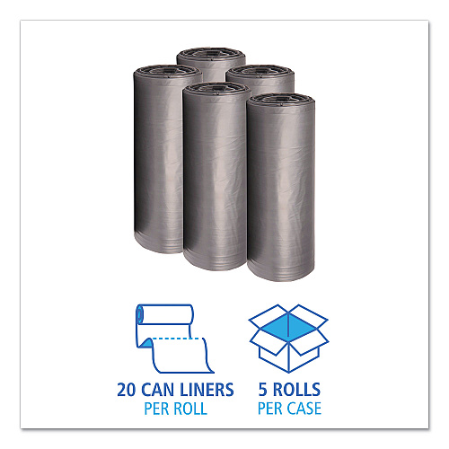 Boardwalk Low-Density Waste Can Liners, 60 gal, 1.1 mil, 38" x 58", Gray, Perforated Roll, 20 Bags/Roll, 5 Rolls/Carton (BWK3858SEH)