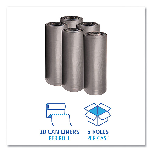 Boardwalk Low-Density Waste Can Liners, 56 gal, 1.1 mil, 43" x 47", Gray, Perforated Roll, 20 Bags/Roll, 5 Rolls/Carton (BWK4347SEH)