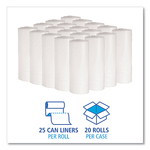 Boardwalk Low-Density Waste Can Liners, 16 gal, 0.4 mil, 24" x 32", White, Perforated Roll, 25 Bags/Roll, 20 Rolls/Carton (BWK2432EXH)