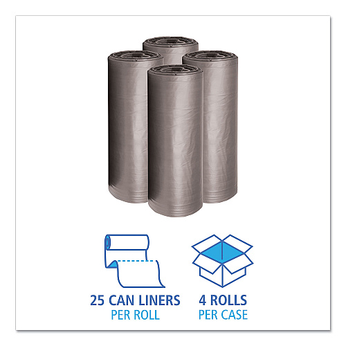 Boardwalk Low-Density Waste Can Liners, 60 gal, 0.95 mil, 38" x 58", Gray, Perforated Roll, 25 Bags/Roll, 4 Rolls/Carton (BWK528)