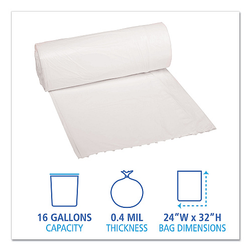 Boardwalk Low-Density Waste Can Liners, 16 gal, 0.4 mil, 24" x 32", White, Perforated Roll, 25 Bags/Roll, 20 Rolls/Carton (BWK2432EXH)