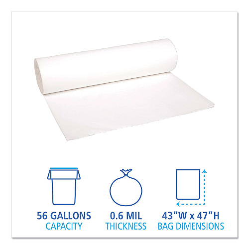 Boardwalk Low-Density Waste Can Liners, 56 gal, 0.6 mil, 43" x 47", White, Perforated Roll, 25 Bags/Roll, 4 Rolls/Carton (BWK4347EXH)