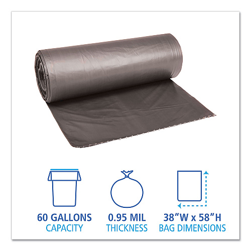 Boardwalk Low-Density Waste Can Liners, 60 gal, 0.95 mil, 38" x 58", Gray, Perforated Roll, 25 Bags/Roll, 4 Rolls/Carton (BWK528)