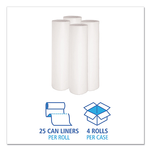 Boardwalk Low-Density Waste Can Liners, 56 gal, 0.6 mil, 43" x 47", White, Perforated Roll, 25 Bags/Roll, 4 Rolls/Carton (BWK4347EXH)