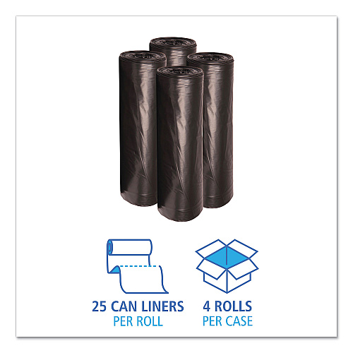 Boardwalk Low-Density Waste Can Liners, 56 gal, 0.6 mil, 43" x 47", Black, Perforated Roll, 25 Bags/Roll, 4 Rolls/Carton (BWK4347H)