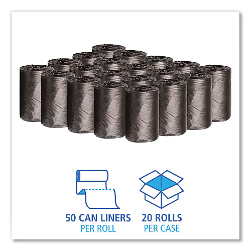 Boardwalk Low-Density Waste Can Liners, 4 gal, 0.35 mil, 17" x 17", Black, Perforated Roll, 50 Bags/Roll, 20 Rolls/Carton (BWK1717L)