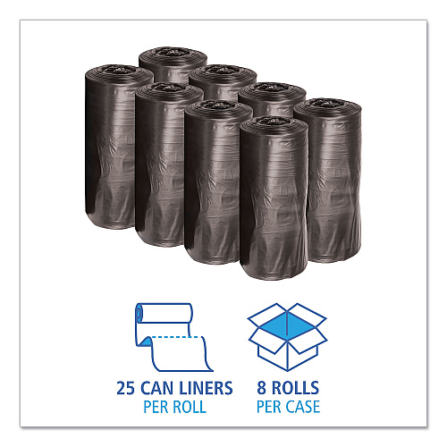 Boardwalk Low-Density Waste Can Liners, 33 gal, 0.5 mil, 33" x 39", Black, Perforated Roll, 25 Bags/Roll, 8 Rolls/Carton (BWK3339H)