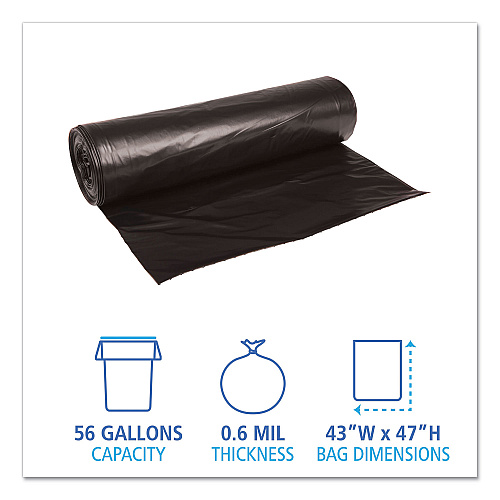 Boardwalk Low-Density Waste Can Liners, 56 gal, 0.6 mil, 43" x 47", Black, Perforated Roll, 25 Bags/Roll, 4 Rolls/Carton (BWK4347H)