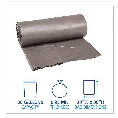 Boardwalk Low-Density Waste Can Liners, 30 gal, 0.95 mil, 30" x 36", Gray, Perforated Roll, 25 Bags/Roll, 4 Rolls/Carton (BWK3036SH)