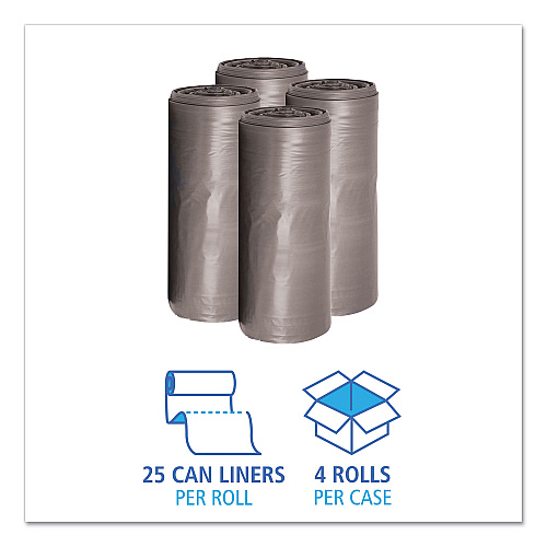 Boardwalk Low-Density Waste Can Liners, 33 gal, 1.1 mil, 33" x 39", Gray, Perforated Roll, 25 Bags/Roll, 4 Rolls/Carton (BWK3339SEH)