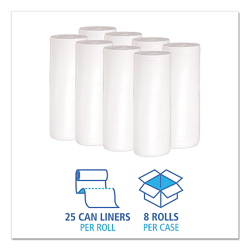 Boardwalk Low-Density Waste Can Liners, 30 gal, 0.6 mil, 30" x 36", White, Perforated Roll, 25 Bags/Roll, 8 Rolls/Carton (BWK3036EXH)