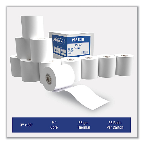 Alliance Thermal Cash Register/POS Roll, 3" x 80 ft, White, 36/Carton (3555)