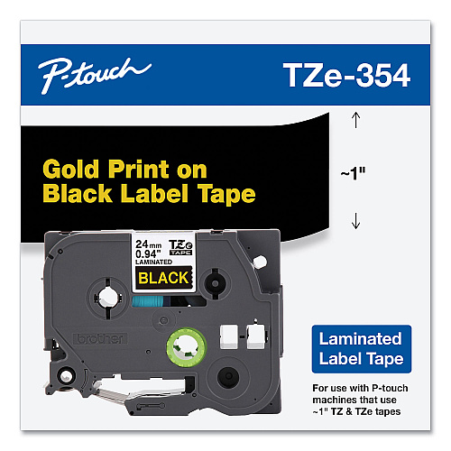 Brother TZe Standard Adhesive Laminated Labeling Tape, 0.94" x 26.2 ft, Gold on Black (TZE354)