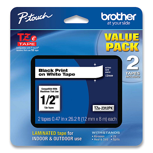 Brother TZe Standard Adhesive Laminated Labeling Tapes, 0.47" x 26.2 ft, Black on White, 2/Pack (TZE2312PK)